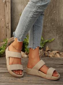 Plus Size Women Casual Comfortable Thick Sole Hook And Loop Sandals, Leisure Open Toe Beach Resort Wedge Sandals, Non-Slip Beach Shoes - Khaki - View 1