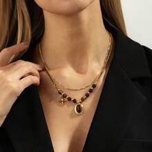 1pc Star & Tiger Eye Stone Double-Layer Pendant Niche Versatile Clavicle Chain Necklace, Elegant Vintage Style Suitable For Daily Wear - Multicolor - View 4