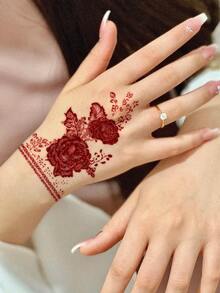 1pc Temporary Tattoo Sticker 7-14 Days Herbal Long-Lasting Tattoo Sticker, Minimalist Style Hand Abstract Mysterious Pattern Wrist Red Rose Tattoo Sticker, Personalized Cool Herbal Tattoo Sticker, Washable Temporary Tattoo Sticker PVC Personalized Fashion Tattoo Sticker Suitable For People - Red - View 4