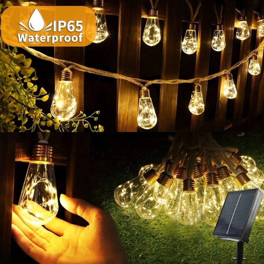 1 Dây đèn trang trí năng lượng mặt trời, Dây thừng gai dầu kiểu cổ điển, Đèn ngoài trời năng lượng mặt trời chống nước IP65, Ánh sáng trắng ấm, 8 chế độ chiếu sáng, 16 bóng đèn năng lượng mặt trời chống vỡ, Thích hợp cho hàng rào, cầu thang, ban công, quán cà phê, cắm trại, trang trí Giáng sinh bằng đèn LED