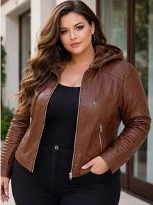 Plus Size Lined Leather Jacket - 鏽棕色 - 查看 2