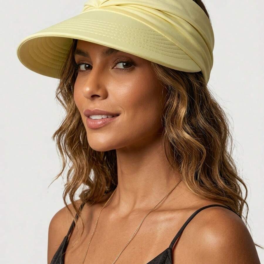Women's Wide Brim Turban Visor With UV50+ Protection, Beach, Pool, Foldable, Adjustable, Summer - Yellow - View 1