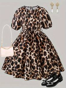 Vestido con estampado de guepardo, vestido casual y elegante de manga corta y cuello redondo con silueta evasé para niña preadolescente, adecuado para picnic al aire libre, estilo callejero, hogar, escuela, relajarse - Multicolor - Ver 12