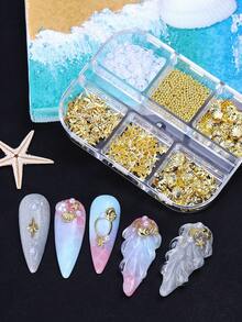 6件套金属海洋风美甲装饰品，金色海星、贝壳、珍珠、星形吊坠，美甲沙龙用品，适合女性和女孩DIY夏季美甲 - 彩色 - 查看 6