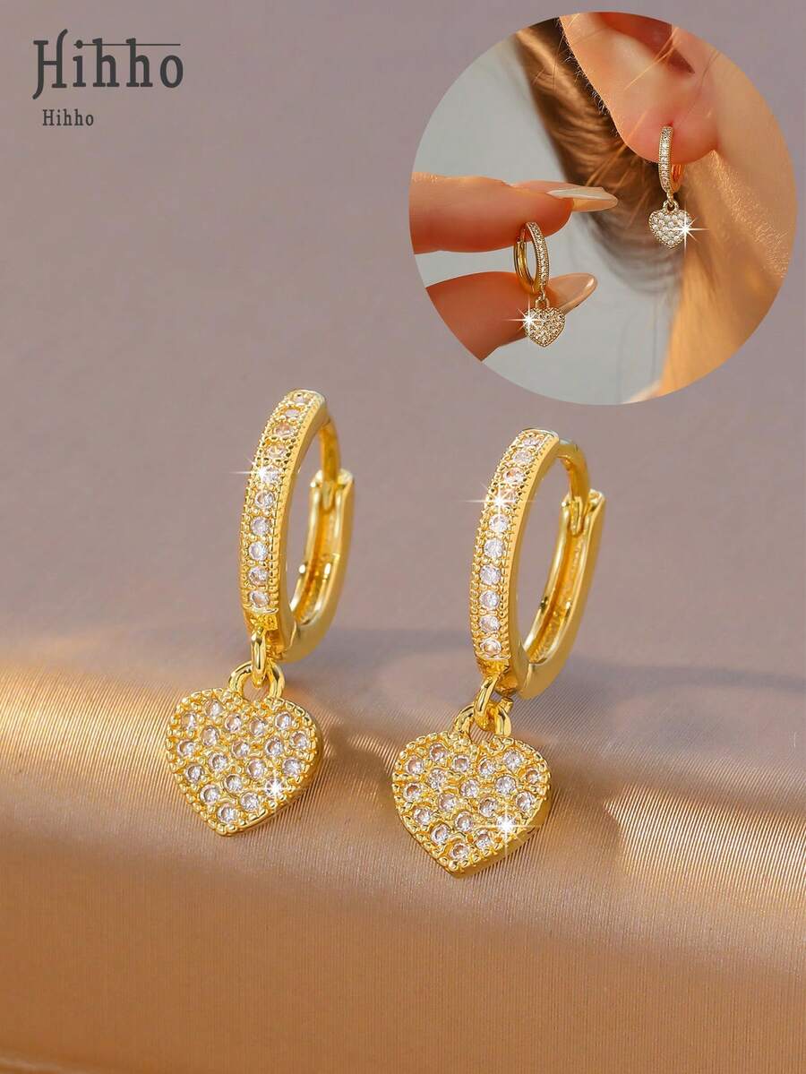 Hihho 1 par de brincos de argola luxuosos em formato de coração com zircônias, em 3D com detalhes em zircônia. Perfeitos para usar sozinhos, realçando a elegância, ou em conjunto com outros brincos em diferentes furos na orelha. Versáteis para o dia a dia, encontros e festas. - Brincos em formato de coração - Ver 1