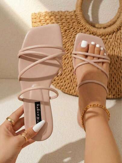 planare Elegant Outdoor Women's Apricot Flat Slippers, Simple Multi-Strap Synthetic Leather Open Toe Slide Sandals