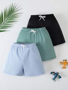 3 buah celana pendek anak, celana pendek kasual musim panas ringan dengan tali serut dekoratif untuk anak laki-laki & perempuan, cocok untuk usia 4-12 tahun. - MultiWarna - View 1