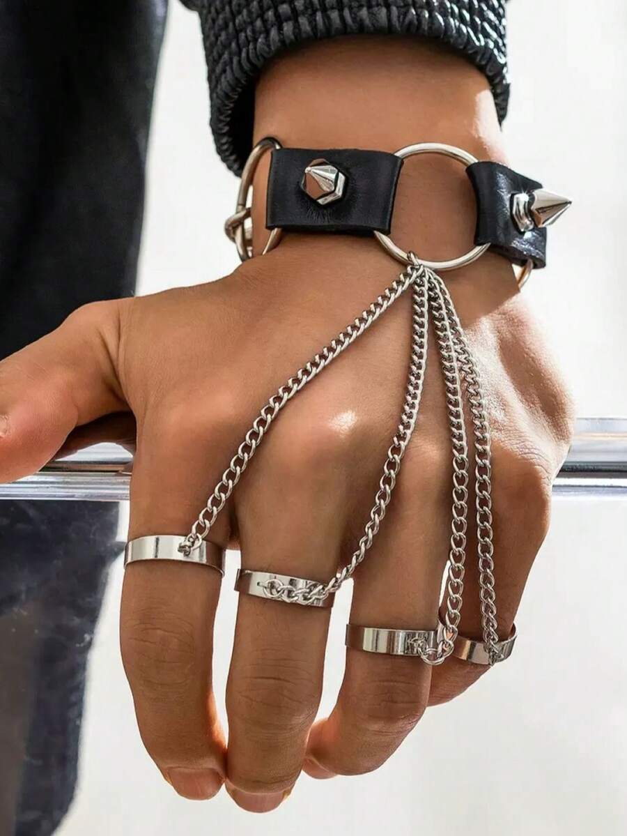 时尚个性指环手链朋克链条铆钉流苏戒指哥特链条嘻哈手链男士手饰 - 銀色 - 查看 1