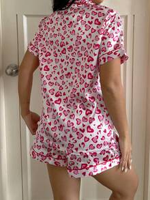 2Pcs Women's Satin Heart-Print V-Neck Button-Down Short-Sleeved Top And Pants Pajama Set, Summer Pajama Set. - Pink - View 2