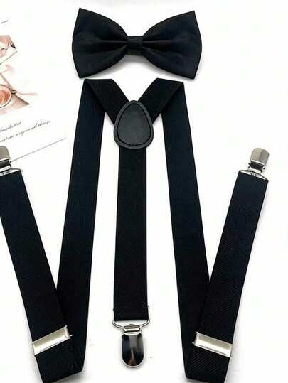 1 Set Men's Black Casual Bow Tie & Suspender Set, Suspender Clips