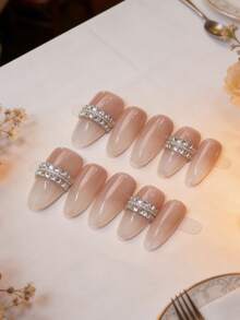Bộ 10 móng giả đính đá ombre trong suốt thủ công, hình dáng hạnh nhân sang trọng, có thể tái sử dụng, phù hợp cho đi làm và hẹn hò. - Nhiều màu - Xem 12