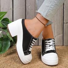 1 Pair Minimalist Solid Color Sweet Chunky Heel Mule Slippers, Closed Toe Design, High Heel Slimming, Lace-Up Closure Fits Foot Shape, Soft Sole Shock-Absorbing, Suitable For Dates And Commuting, Easy To Match In Spring And Summer - Black - View 3
