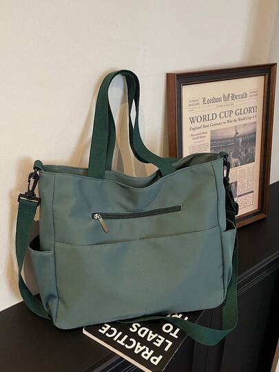 大容量休闲多功能手提包，纯色优雅单肩包，日常通勤斜挎包，购物袋，办公腋下包