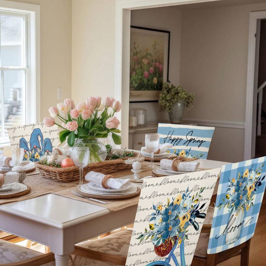 1pc/4pcs Blue Bicycle Flower Chair Back Cover Protector, Spring New Polyester Washable Chair Slipcover For Home, Dining Room, Living Room, Kitchen Decor - Multicolor - View 1