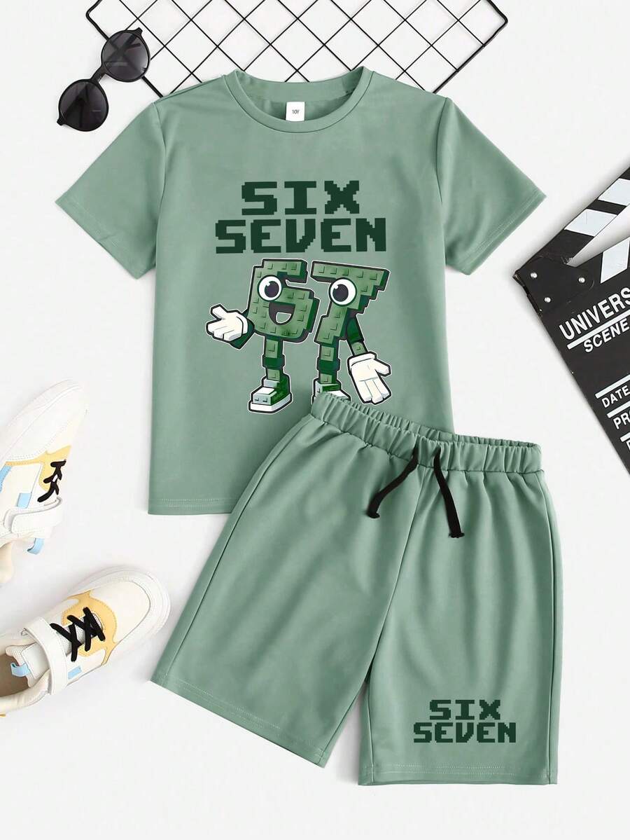 Tween Boy Letter Print Round Neck Short Sleeve T-Shirt And Drawstring Waist Shorts Set - Green - View 1