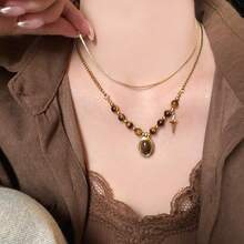 1pc Star & Tiger Eye Stone Double-Layer Pendant Niche Versatile Clavicle Chain Necklace, Elegant Vintage Style Suitable For Daily Wear - Multicolor - View 2