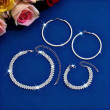 Bộ trang sức thời trang nữ 4 món gồm dây chuyền, bông tai và vòng tay, họa tiết hình thoi, phụ kiện cô dâu dự tiệc thanh lịch. - Bạc - Xem 2