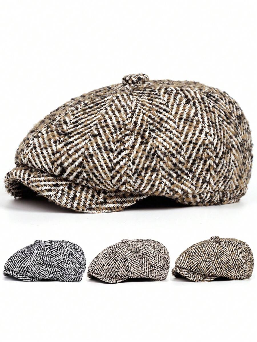 Herringbone Tweed Newsboy Cap | Vintage Flat Cap For Men | Retro British Style Hat,Summer,Beach,Holiday - A - View 1