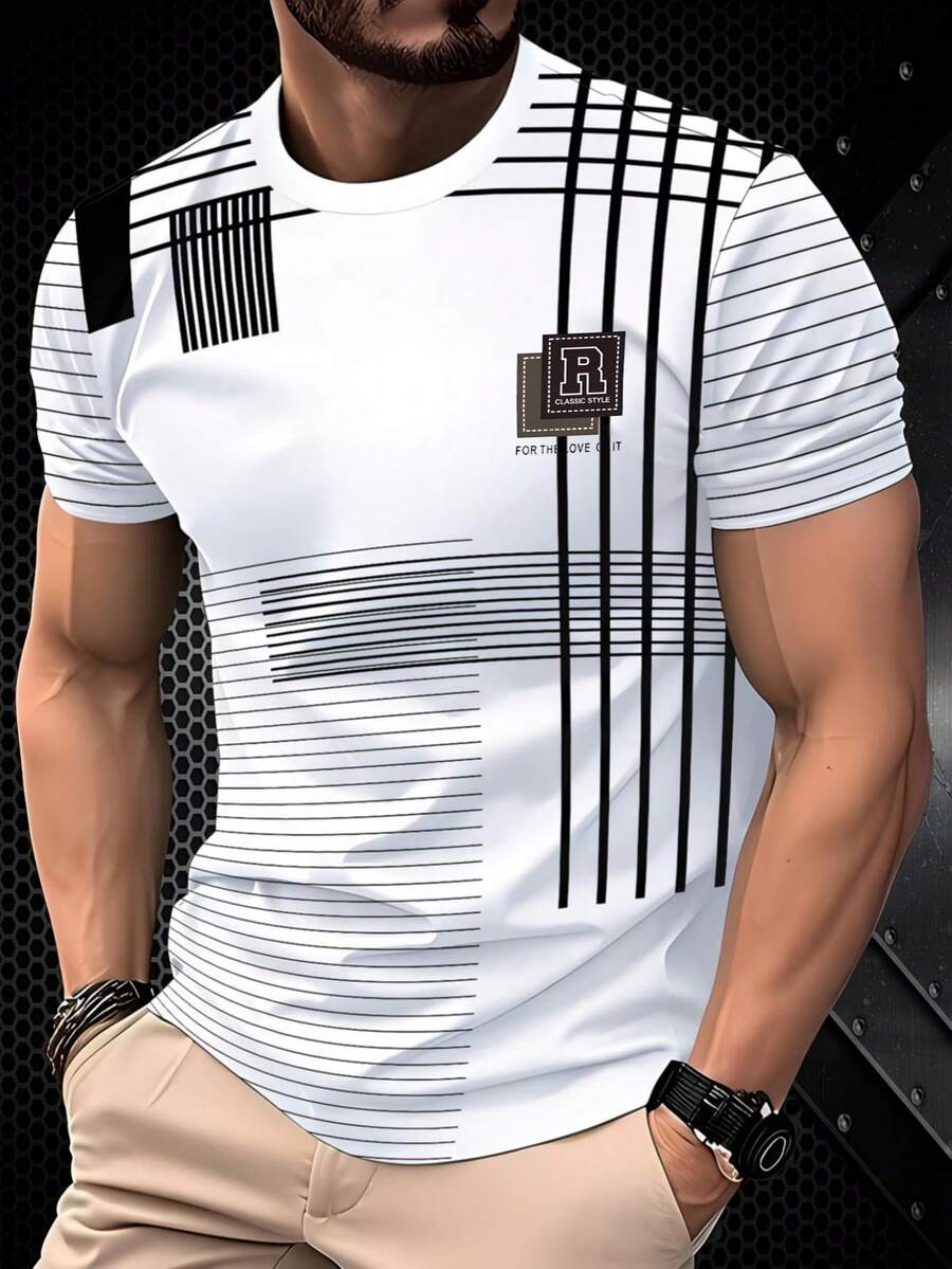 Men's 3D Striped Print Casual Sports Sweatshirt, Polyester Fabric, Regular Fit, Suitable For Outdoor Activities And Daily Comfort, Fashionable Crew Neck Casual Top, Versatile And Easy Care - Multicolor - View 1