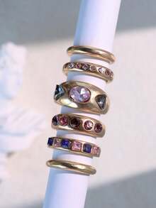 6件套女士镀金可调节戒指，镶嵌粉色和黑色宝石，夸张时尚风格，适合派对和日常佩戴 - 彩色 - 查看 6