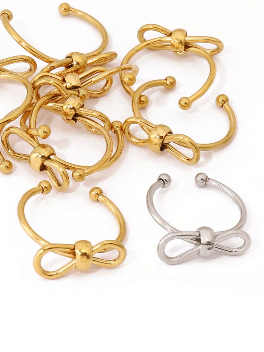 2件装不锈钢蝴蝶结开口戒指 女士饰品配件 时尚18K镀金圆形可调节戒指首饰配件 - 戒指 - 查看 1