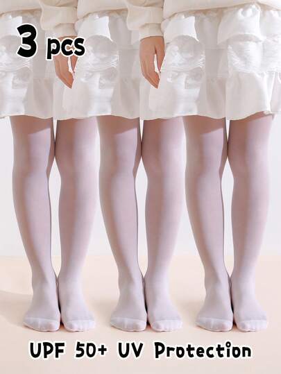 3 Pairs Girls' White Sheer Tights, UPF 50+ Physical Sun Protection Leggings, Basic Colors, High Density Knit, Stretchy & Thin For Summer