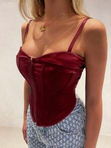 Sexy Solid Color Front Grommet Eyelet Lace Up Back Corset Top Shapewear Backless Adjustable Straps Crop Tank Top Suitable For Party Going Out Date Halloween's Festival Outfit Music Festival Tank Top For Women - Màu Đỏ Sâu - Xem 4