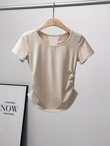 Fashionable 2-Piece Women's Yoga Sports Set, Casual Women's Yoga T-Shirt With Short Sleeves, Waist-Cinching, Ruched, Breathable Short Sleeves, High-Waisted, Butt-Lifting Yoga Sports Shorts, Anti-Exposure Design, With Pockets, Suitable For Running, Yoga, Tennis, Workouts, Cycling, Casual Outings, Evening Dates, And As A Gift For Independence Day, Labor Day, Halloween,  & Fall/Winter - Hồng + Tím hồng - Xem 11