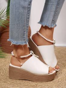 Plus Size European And American High Heel Peep-Toe Sandals Women 2026 Thick Bottom Wedge Peep-Toe Strap Buckle Linen Bottom Slippers - White - View 5