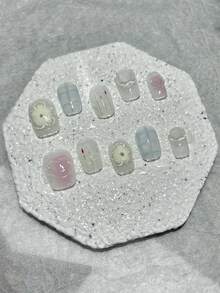 10 pièces Faux ongles courts détachables mignons et ludiques en forme de blush de dopamine fait main (1 pièce autocollant en gelée + 1 pièce lime à ongles) - Multicolore - Voir 13