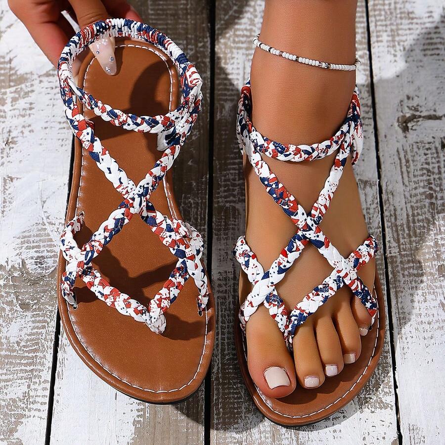 Women's Woven Strap Thong Beach Style Flat Sandals July 4th Independence Day Flag Print Comfortable Sandals - Red and White - View 1