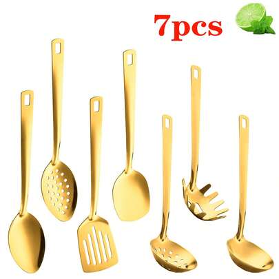 Bộ dụng cụ nhà bếp 7 món bằng thép không gỉ, bao gồm thìa, muỗng, rây, muỗng vớt bọt, thích hợp để nấu súp, xào và chiên, hoàn hảo cho nấu ăn tại nhà, tự phục vụ, nhà hàng, tiệc tùng, làm bánh và phục vụ.