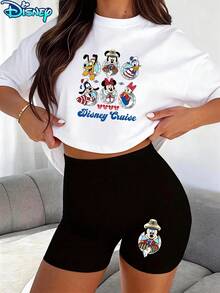 Disney Cruise Mickey & Friends Printed Casual Two-Piece Set, Women's Short Sleeve Crop T-Shirt And Shorts Set, Whimsical Nautical Character Print Tee And Shorts Set, Suitable For Vacation - trắng - Xem 1