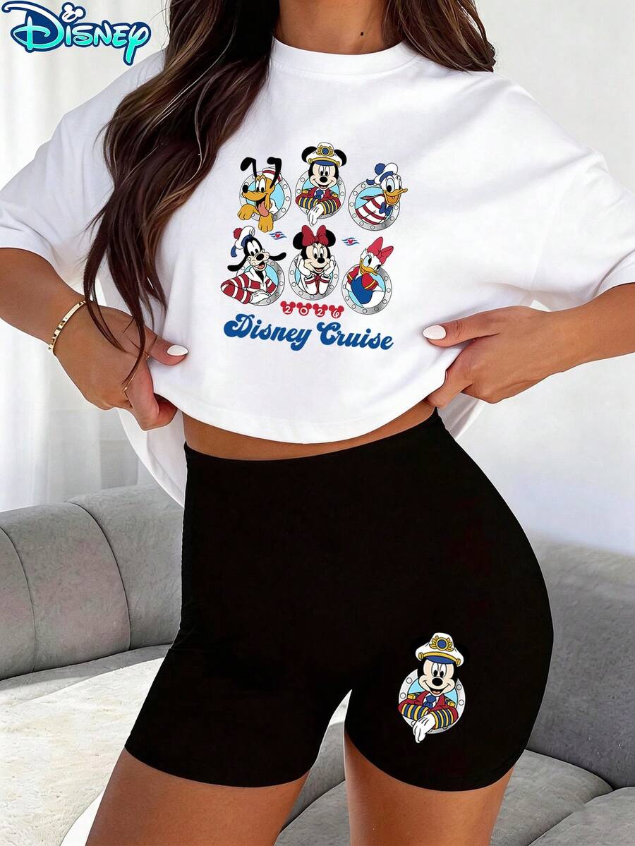 Disney Cruise Mickey & Friends Printed Casual Two-Piece Set, Women's Short Sleeve Crop T-Shirt And Shorts Set, Whimsical Nautical Character Print Tee And Shorts Set, Suitable For Vacation - trắng - Xem 1