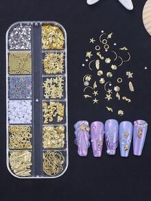 12格金属海洋主题夏季美甲装饰套装，合金材质，包含金色贝壳、海星、海马、极光、美人鱼、珍珠、钢珠、水钻美甲饰品，美甲沙龙DIY配件 - 彩色 - 查看 12
