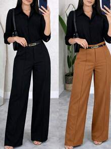 Kit Of 2 Women's Tailored Wide Leg Pants With Belt - 黑色/焦糖色 - 查看 2