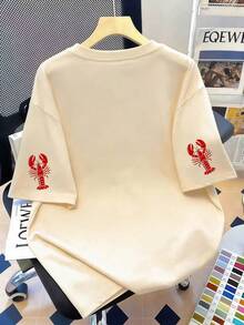 Plus Size Women's Summer Casual Fashion Short Sleeve Crab "Ciao" Letter Print Crew Neck Plain T-Shirt, Suitable For Summer Vacation, Beach, Holiday, Spring, Valentine's Day Wear - Apricot - View 5
