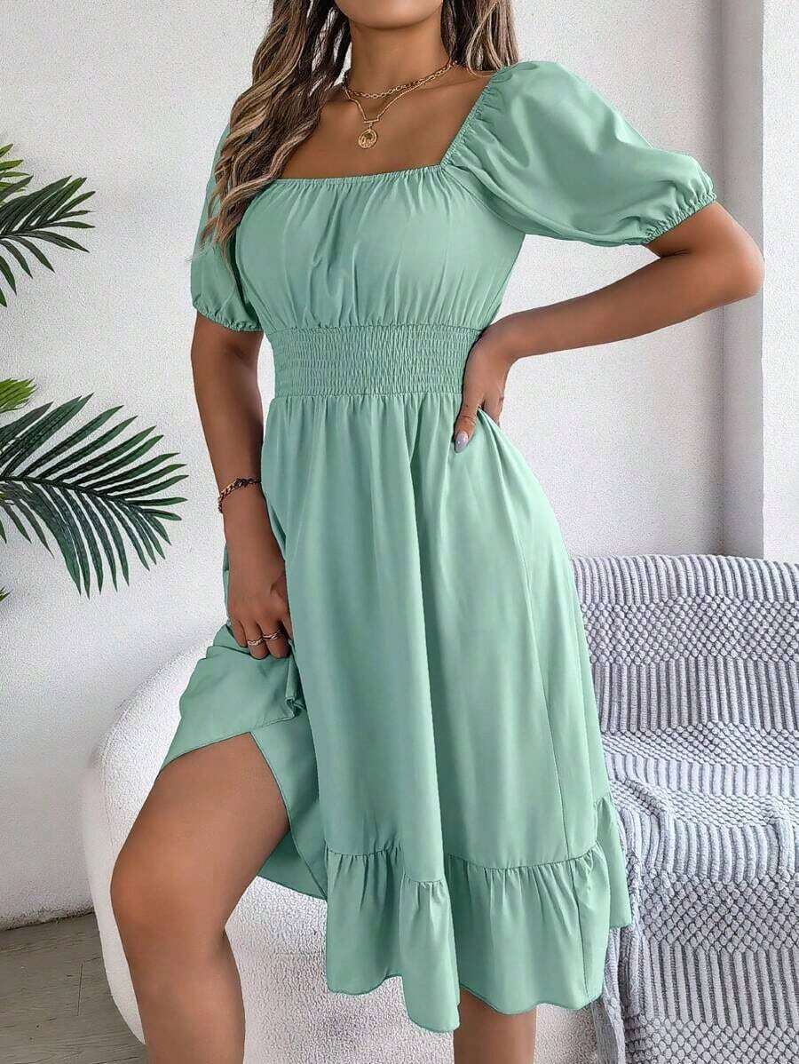 Women's Spring Summer Casual Ditsy Floral Print Dress Short Puff Sleeve Drawstring Waist Flowy A-Line Midi Dress Boho Beach Vacation Holiday Outfit - Màu xanh Bạc hà - Xem 1