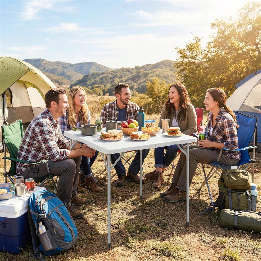 Outsunny 34" Plastic Folding Camping Table, Square Picnic Table With Adjustable Height And Carrying Handle, Indoor Outdoor Use For Picnic, Beach, BBQ, White - White - View 1