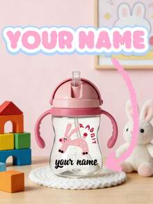Taza con pajita y bola de gravedad con diseño personalizado de conejo para bebés, color rosa macaron, a prueba de fugas, bola de gravedad de 360°, material personalizable - Multicolor - Ver 9