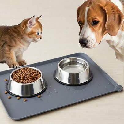 硅胶宠物食品垫，防滑易清洁，带凸起边缘的硅胶垫，适用于狗猫食物和水碗，防溢漏垫保护地板。