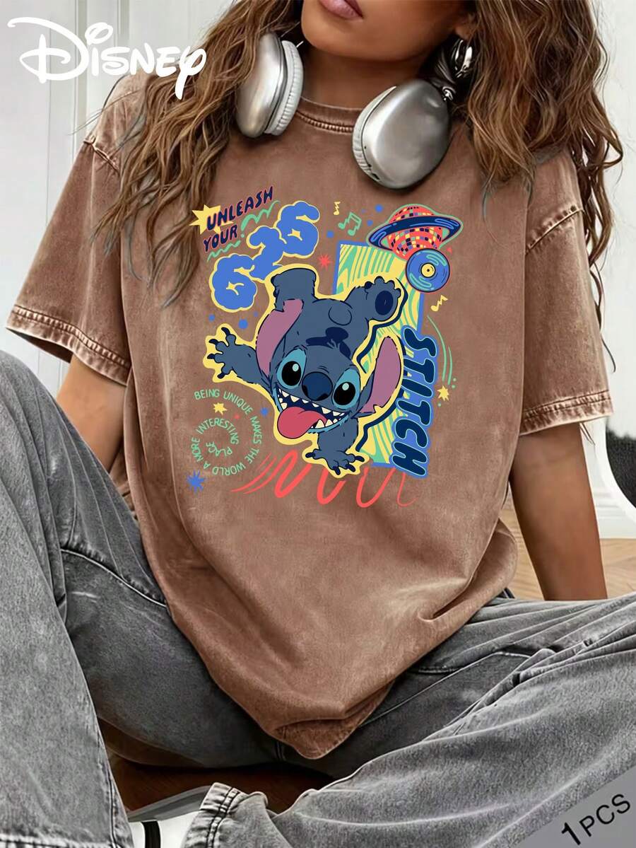 Disney Summer Clothing With Lilo & Stitch Print, Washed Cotton Crew Neck Loose Short Sleeve T-Shirt, Slight Stretch Fabric, Suitable For Daily, Vintage And Streetwear - Cà phê nâu - Xem 1