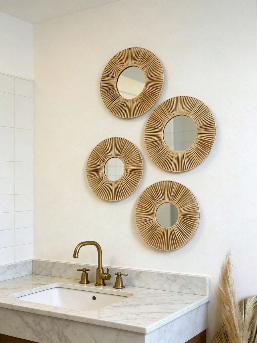 1件/2件/4件装波西米亚风藤编壁挂装饰镜，藤编向日葵圆形装饰镜，手工编织藤框墙面装饰，乡村风格墙面及家居装饰，简约轻便的室内悬挂式几何墙面装饰镜，适合作为礼物赠送——适用于客厅、厨房、卧室、走廊、楼梯、浴室、入口及户外花园。 - 彩色 - 查看 1