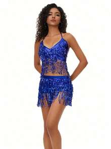 1 Set Sequin Tassel Dress Set Women's Two Pieces Crop Top Camisole Bag Hip-Lifting Mini Skirt Shiny Tassel Set Halloween - Multicolor - View 8