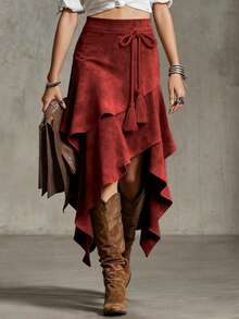 Women's Retro Asymmetrical Knotted Tie Casual Solid Color Elegant A-Line Skirt, European And American Style - Burgundy - View 1