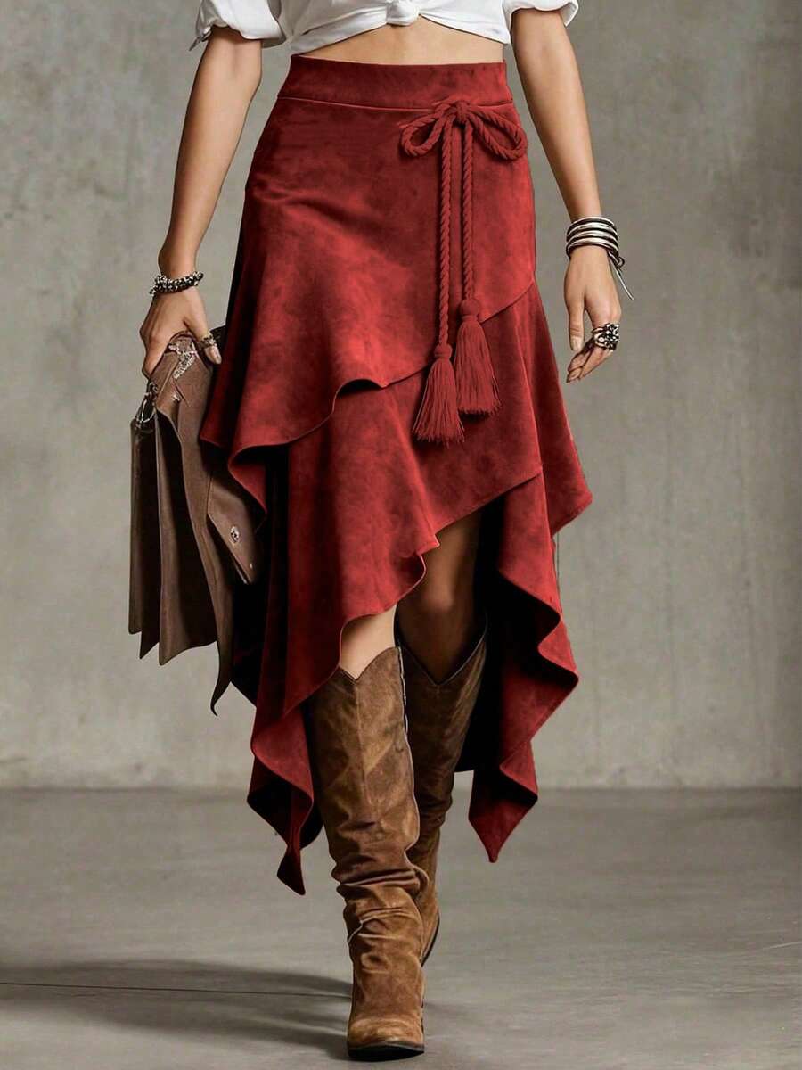 Women's Retro Asymmetrical Knotted Tie Casual Solid Color Elegant A-Line Skirt, European And American Style - Burgundy - View 1
