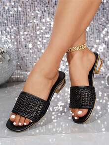 Giày sandal nữ mùa hè thời trang mới, kiểu dáng thanh lịch, thoải mái, chất liệu vải dệt, đế dày, màu đen, kiểu dáng slip-on. - màu đen - Xem 3