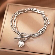 1件不锈钢手链，韩式优雅圆形双层心形几何OT扣饰品 - 銀色 - 查看 3