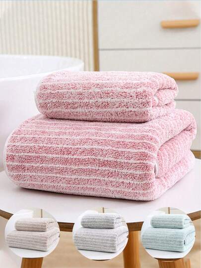 1pc/2pcs Coral Fleece Striped Pattern Bath Towel, Super Absorbent, Soft And Durable Bathroom Accessory, Bathroom Set