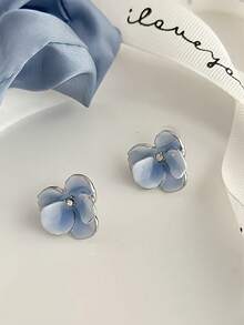 2件套优雅蓝色花瓣夹式耳环，精致珐琅无耳洞耳环，时尚女士饰品 - 彩色 - 查看 5
